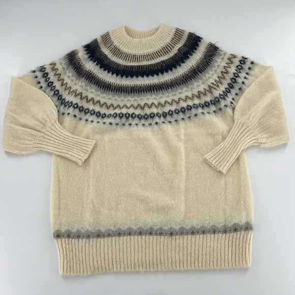 J Crew sweater Women's Fair Isle yoke puff-sleeve neutral classic traditional‎ - Picture 4 of 10